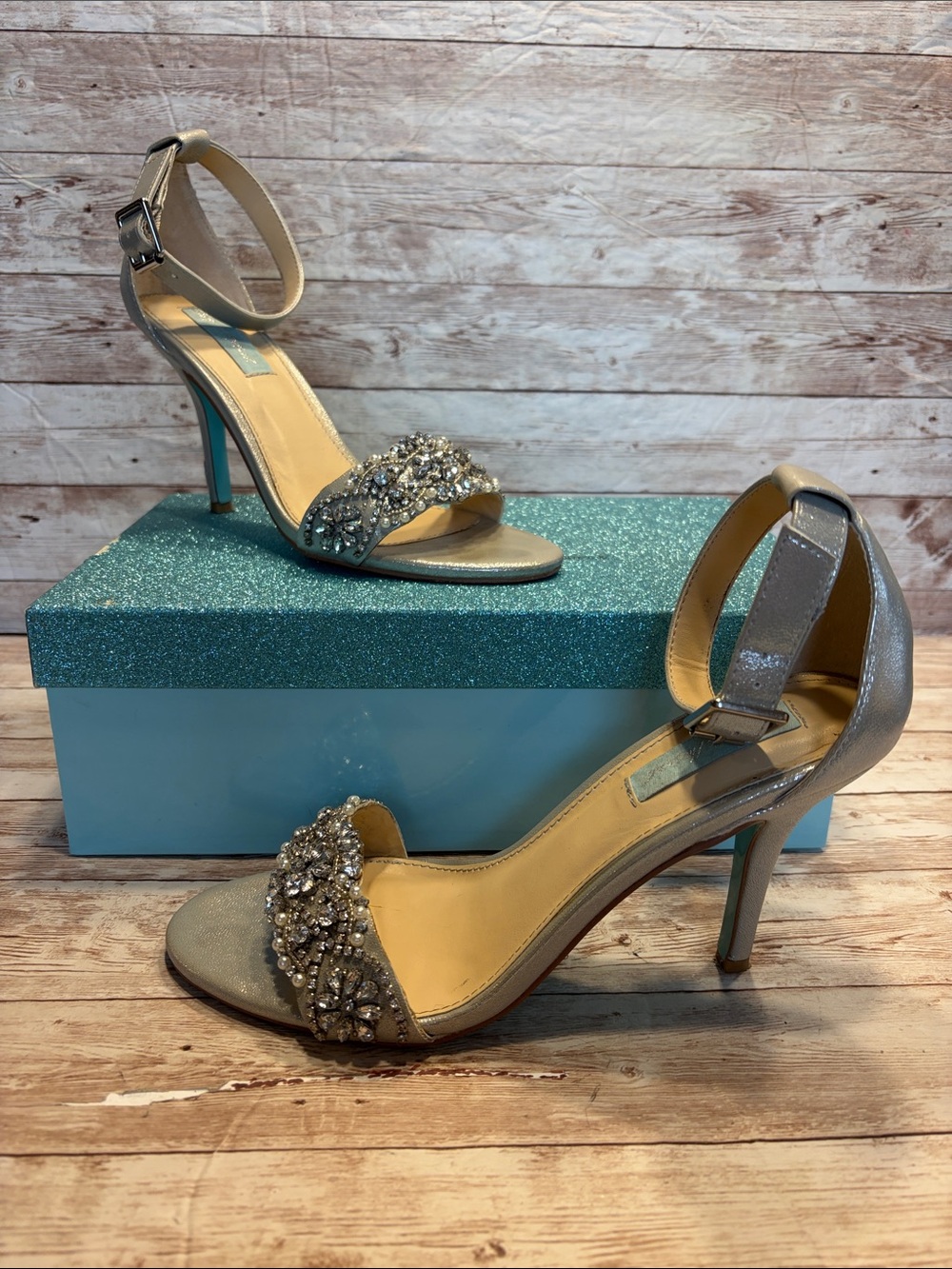 Betsey Johnson Silver Crystal Embellished Ankle-Strap Heels SB Gina 8B
